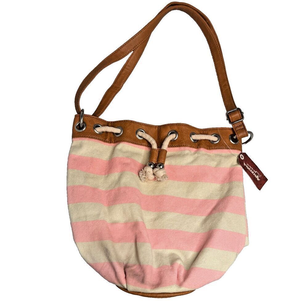 Arizona Jean Canvas & Vegan LTHR Crossbody Shoulder Bag Purse Pink/Brown Cinch